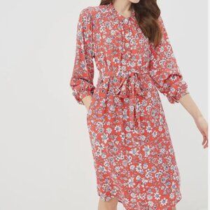 GAP Long Sleeve Pleated Shirtdress Red Floral Print Dress Rayon Medium Relaxed